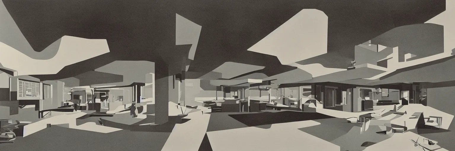 Image similar to midcentury architecture. wide shot. imagined by ken adam.