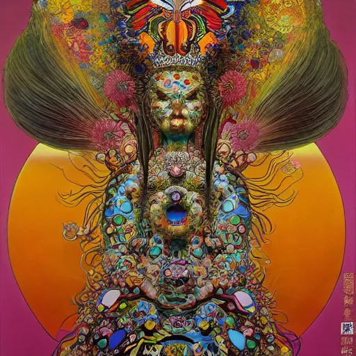 Image similar to the queen's true form by takashi murakami and zdzisław beksiński, full body, oil on canvas, intricately detailed artwork, full 8k high quality resolution, recently just found unknown masterpiece