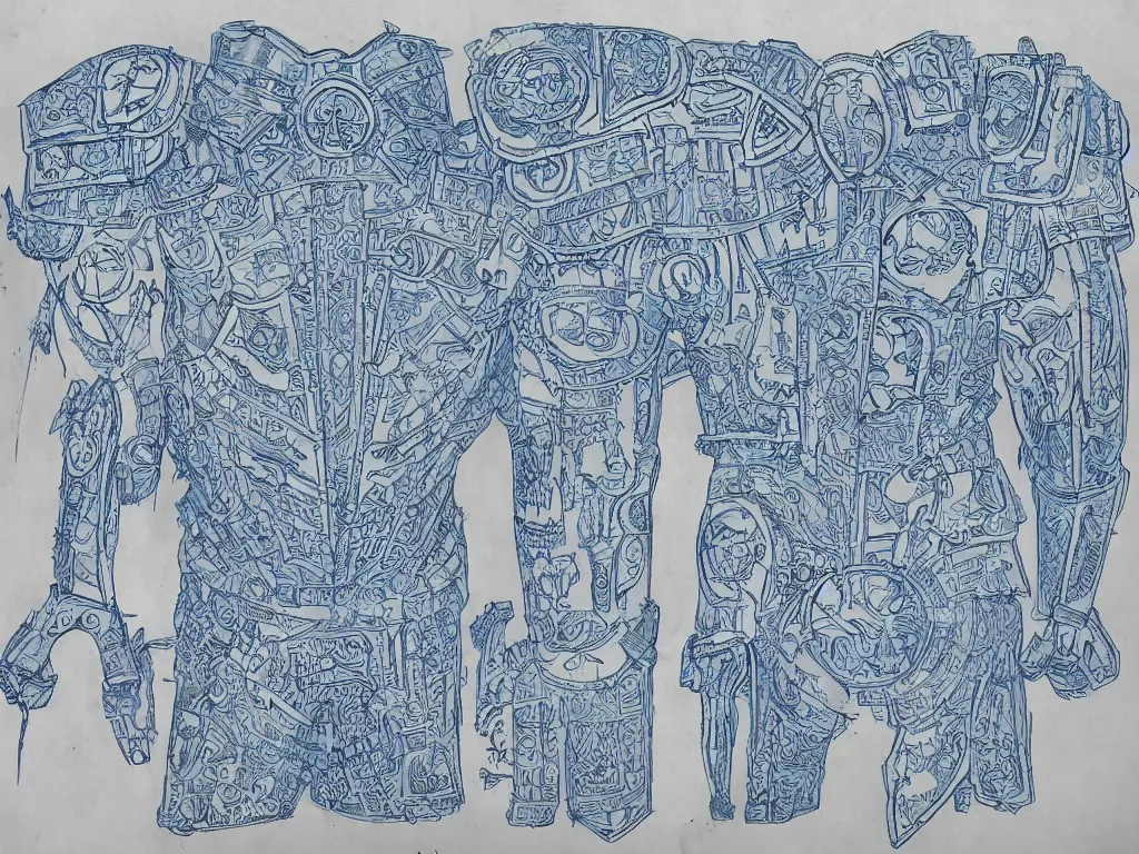 Prompt: blue board blueprint with lots of annotations of legs of an ornate armour, views front side and rear, covered in runic tattoos, Travis Charest style