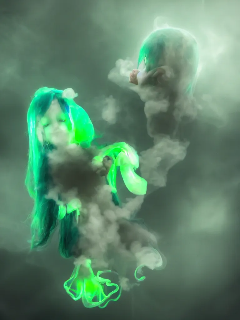 Image similar to cute fumo plush smiling ectoplasmic gothic macabre green jellyfish ghost girl, glowing milky wisps of hazy smoke and volumetric fog, lens flare, vignette, bokeh, refraction, vray