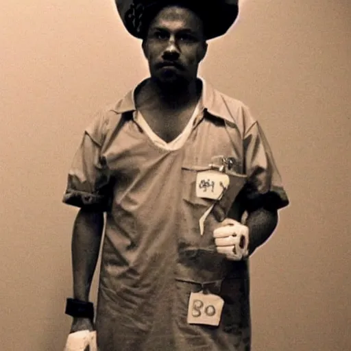 Image similar to chicken dressed as an inmate, real photo