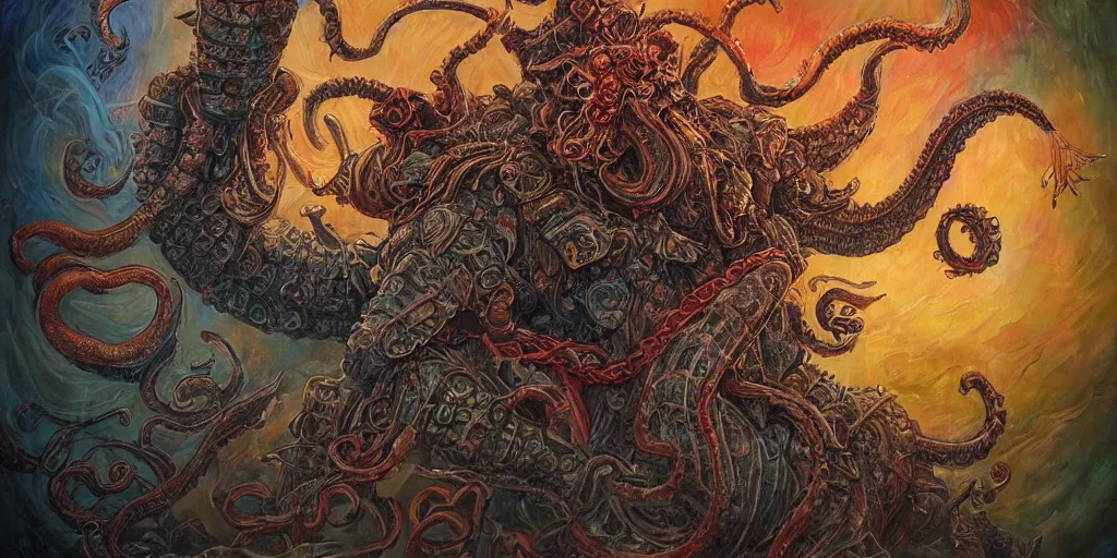 Image similar to rainbow paper + tarot card + Giant Muscular Cthulhu wearing Samurai outfit, vintage detailed fantasy illustration painted by Dan Witz, Artgerm, Eldritch, John Howe + intricate ink illustration, ornate, highly detailed + digital painting + 4k + HDR + concept art, smooth, sharp focus, psychedelic black light style + symmetry + bloodborne + trending on artstation