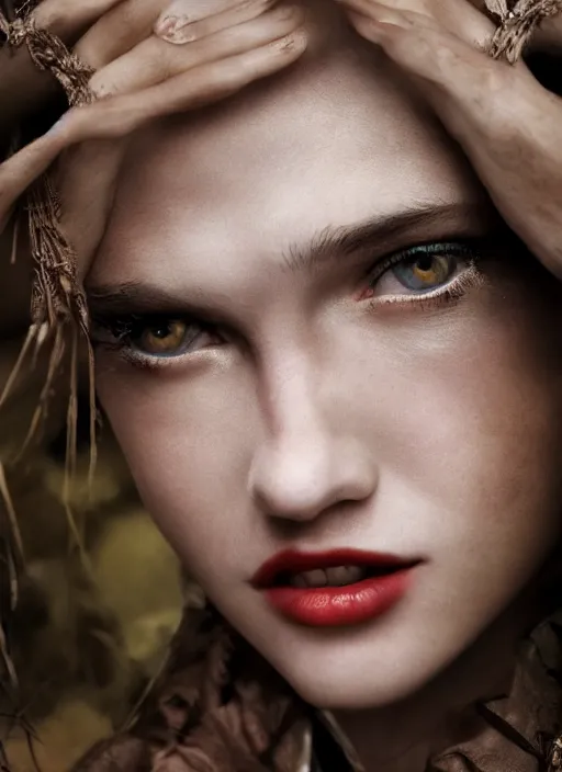 Image similar to closeup portrait of a young female vampire, depth of field, zeiss lens, detailed, symmetrical, centered, fashion photoshoot, by Annie Leibovitz and Steve McCurry, David Lazar, Jimmy Nelsson, Breathtaking, 8k resolution, extremely detailed, beautiful, establishing shot, artistic, hyperrealistic, beautiful face, octane render