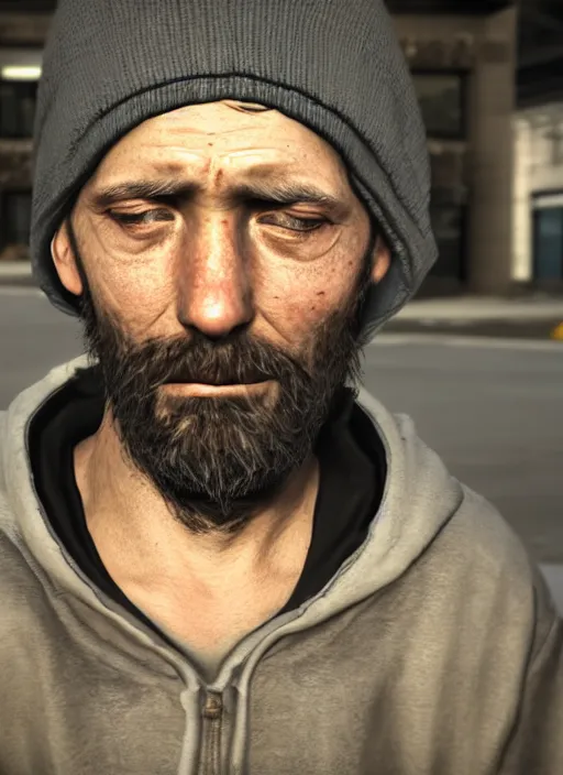 Image similar to portrait of homeless person ; tired and sad ; unreal engine ; wide angle ; photorealistic ; highly detailed