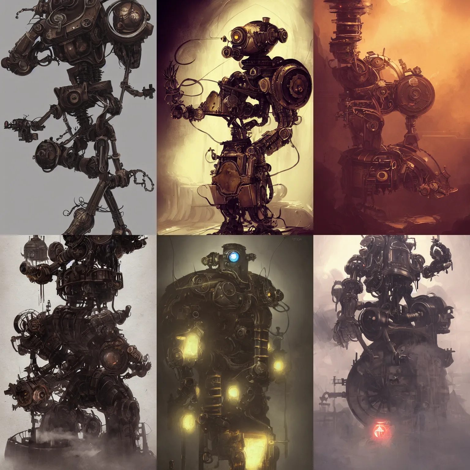 Prompt: a steam powered robot, fantasy, dark, steam punk , artstation, concept art, smooth, sharp focus, illustration,