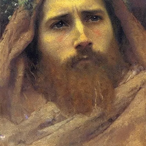 Image similar to portrait of jesus christ, russian painting, by Ilya Repin, realist, russian impressionism, melancholic, desaturated colors, moody, suffering, somber, rocky scenery in background