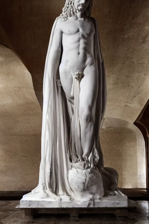 Image similar to a dramatic view of an highly ornated macabre soul priest statue dressed with soft silk robe made in heavy marble, with few ornaments in shiny polished stone, sculpted by hedi xandt and antonio corradini