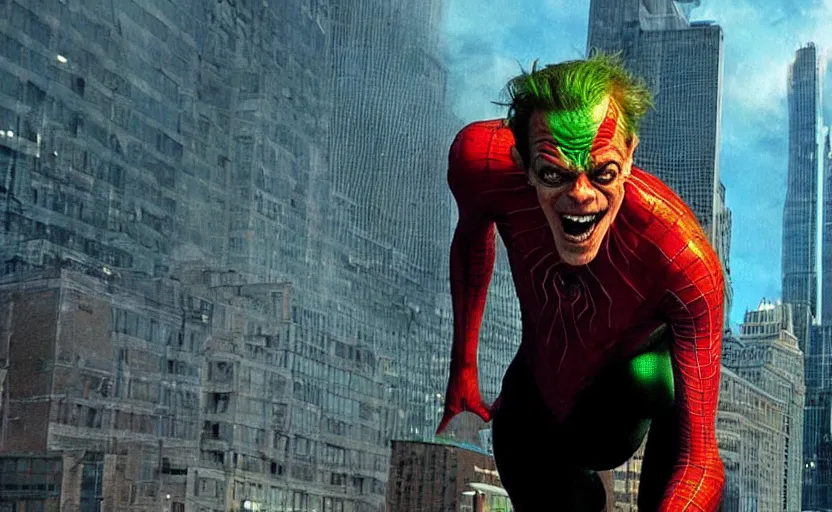 Image similar to steve buscemi as the green goblin, movie still from spiderman film, hdr, epic composition