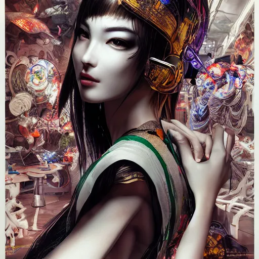 Image similar to the portrait of an absurdly beautiful, graceful, elegant, sophisticated, fashionable cyberpunk gravure idol, an ultrafine hyperdetailed illustration by kim jung gi, irakli nadar, zhong lin, intricate linework, bright colors, collage, porcelain skin, unreal engine 5 highly rendered, global illumination, radiant light, detailed and intricate environment