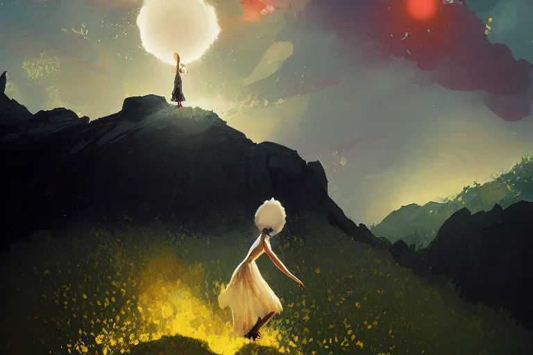 Prompt: big white daisy flower on head, girl dancing on cliff, surreal photography, solar eclipse, milky way, dramatic light, impressionist painting, clouds, digital painting, artstation, james gilleard, liam wong, jeremy mann, simon stalenhag