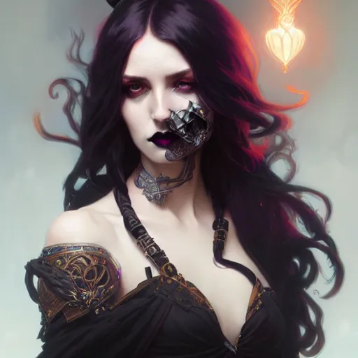 Image similar to goth gf, 8k, D&D, fantasy, intricate, elegant, highly detailed, digital painting, artstation, concept art, smooth, sharp focus, illustration, art by artgerm and greg rutkowski and alphonse mucha