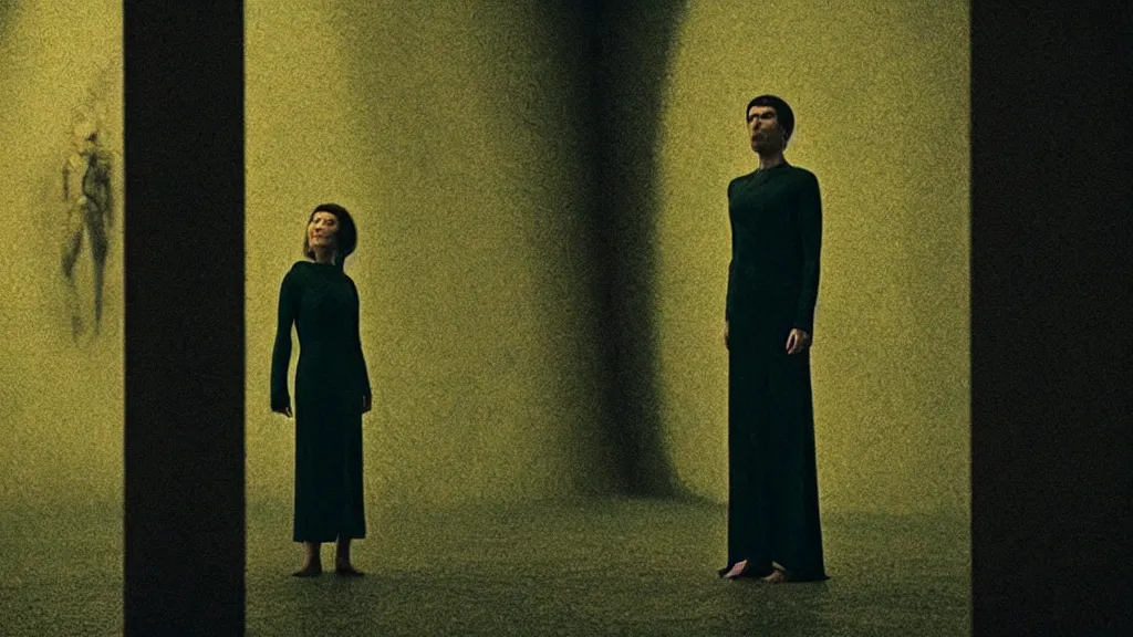 Image similar to the strange creature levitates, they told me to stay, made of Chlorophyll and blood, film still from the movie directed by Denis Villeneuve with art direction by Salvador Dalí, wide lens