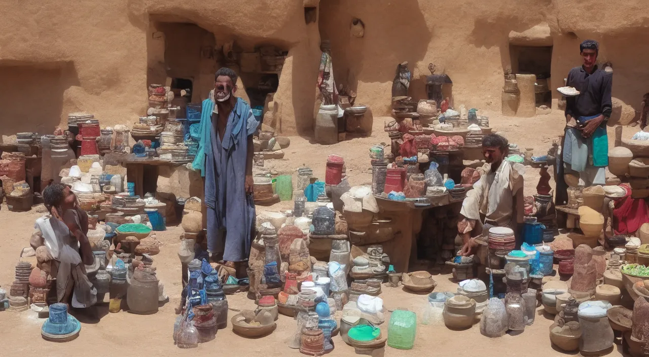 Prompt: A desert shopkeeper selling canteens