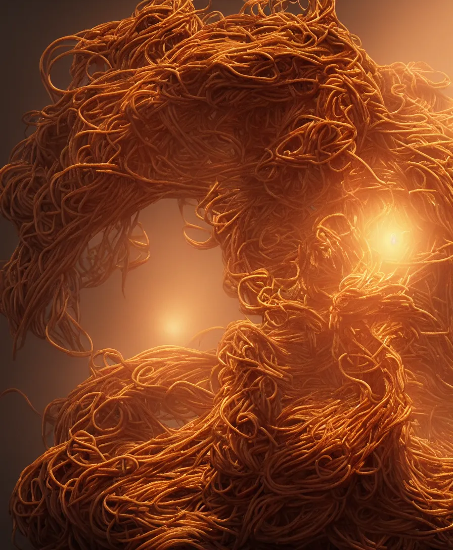 Prompt: spaghetti monster coming out of the pan, cinematic lighting, 8k, artstation