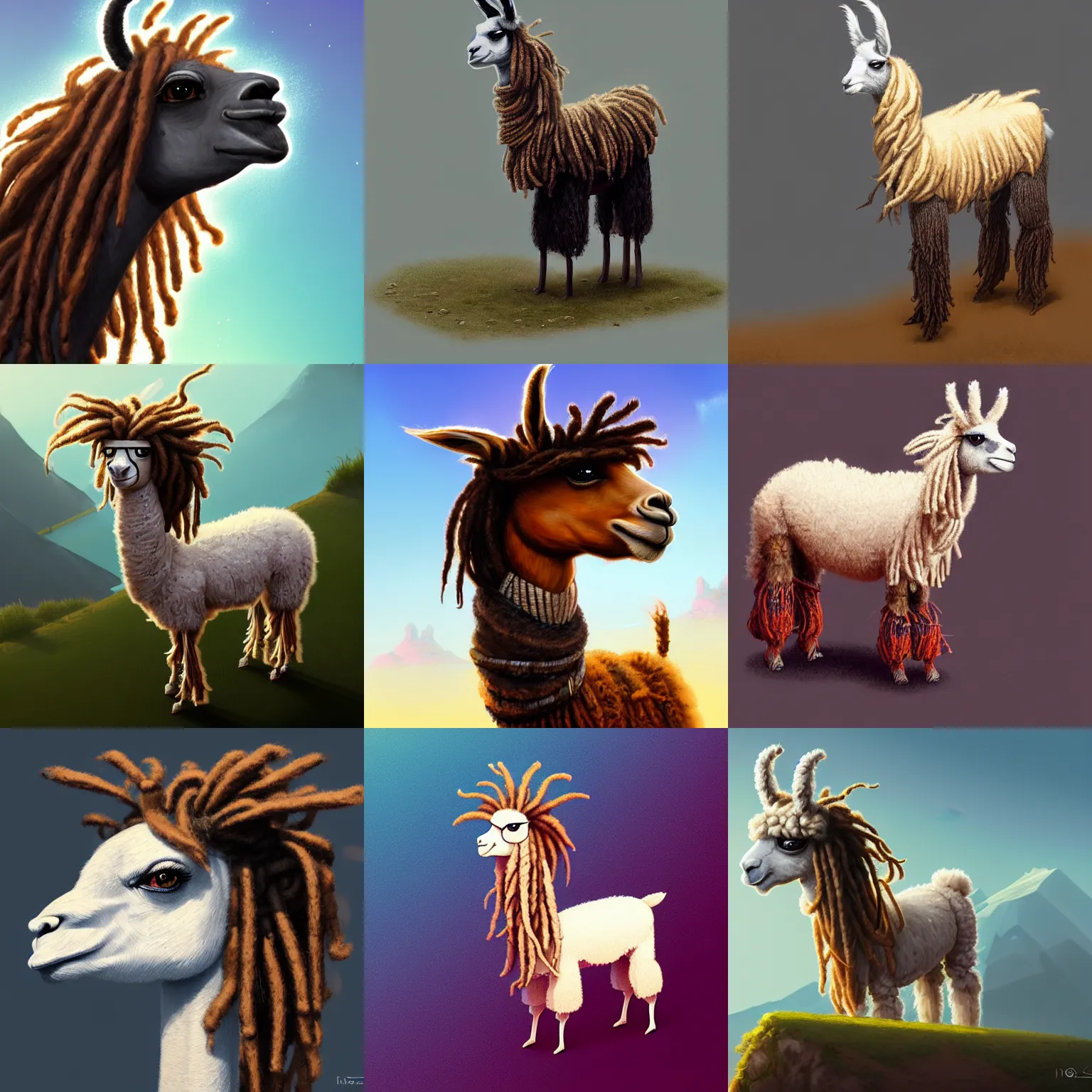 Prompt: a llama with dreadlocks, isometric view, 4k, Greg Rutkowski, ArtStation