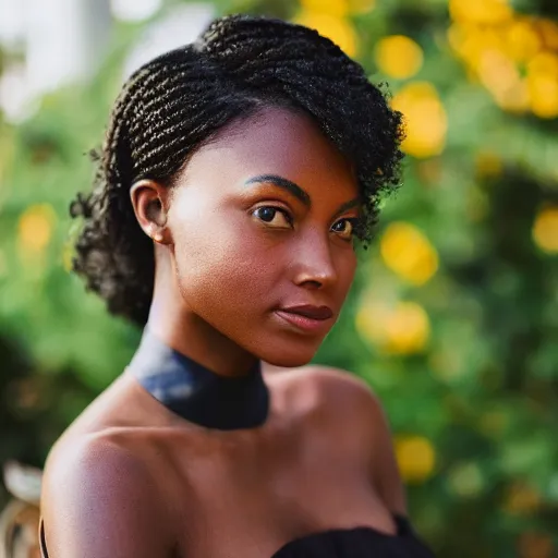 Image similar to portrait photograph of an elegant black woman wearing a sundress in Santa Monica. super resolution. 85 mm f1.8 lens.bokeh.graflex. Alessio albi