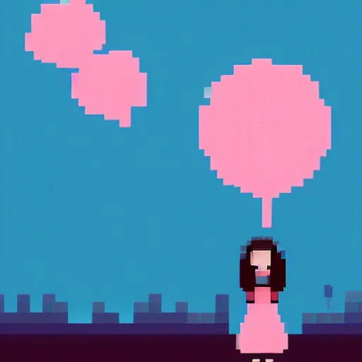 Prompt: A lonely depressed poor girl holding a blue balloon at night on a lonely island, pixel art