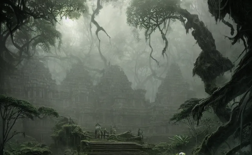 Prompt: dark khmer temple, dense jungle soft grey and green natural light, intricate, digital painting, artstation, concept art, smooth, sharp focus, illustration, art by greg rutkowski and luis rollo and uang guangjian and gil elvgren, symmetry!