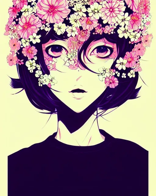 Image similar to beautiful girl next to floral bomb, detailed manga illustration!! intricate details, perfect face, perfect body, aesthetically pleasing pastel colors, poster background, aesthetic details, art by conrad roset and ilya kuvshinov