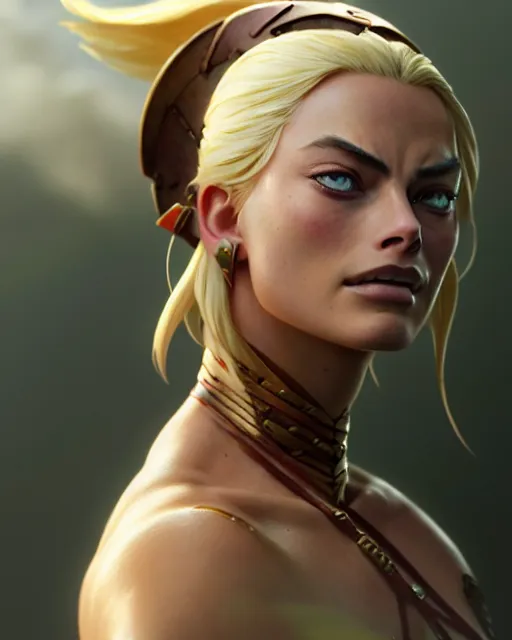 Image similar to azctec warrior, margot robbie, detailed perfect face, exquisite details, fire magic, mid view, design on a white background, by studio muti, greg rutkowski makoto shinkai takashi takeuchi studio ghibli