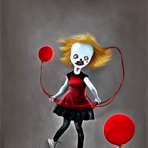 Prompt: grunge cartoon painting of a little girl playing with a jump rope with a wide smile and a red balloon by chris leib, loony toons style, pennywise style, horror theme, detailed, elegant, intricate