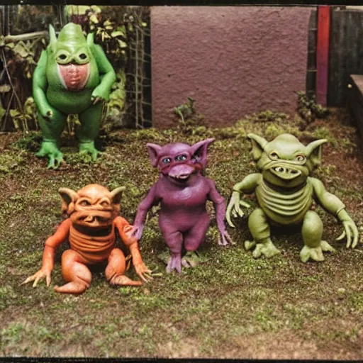 Image similar to autochrome photo of vintage disgusting brown Boglins, plastic goblin monster toys in a backyard garden, kaiju, oni, realistic