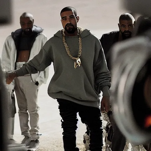 Image similar to A photo of Kanye West and Drake on the set of a music video, 8K concept art, realistic faces, detailed, f/35,