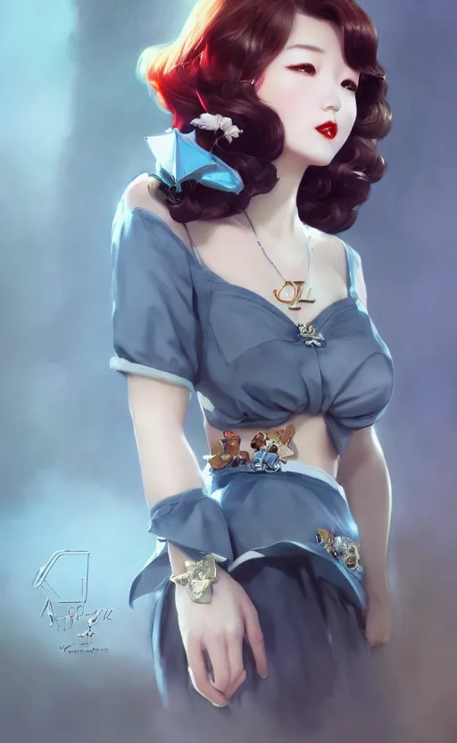 Image similar to a pin up and beautiful fashion charming dreamlke korea girl with lv jewelry, character art, art by artgerm lau and kyoung hwan kim and and ilya kuvshinov and john singer sargent, hyperdetailed, 8 k realistic, symmetrical, frostbite 3 engine, cryengine, dof, trending on artstation, digital art