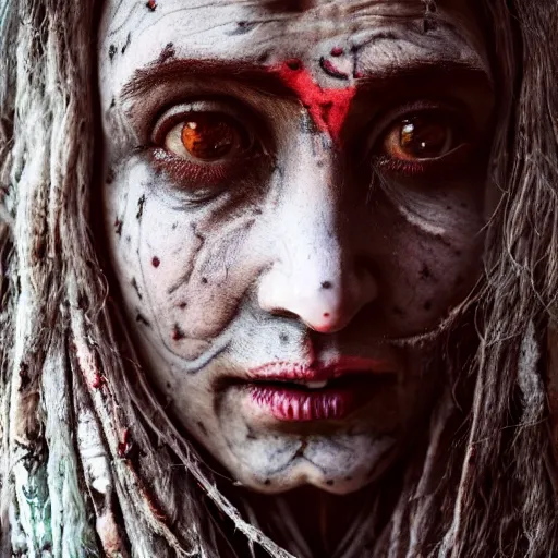 Image similar to 3 5 mm coloured film portrait of strange female aghori sadhu covered in ash creature, hyperrealism, photorealistic, detailed, atmospheric, 8 k, award winning photography, cinematic