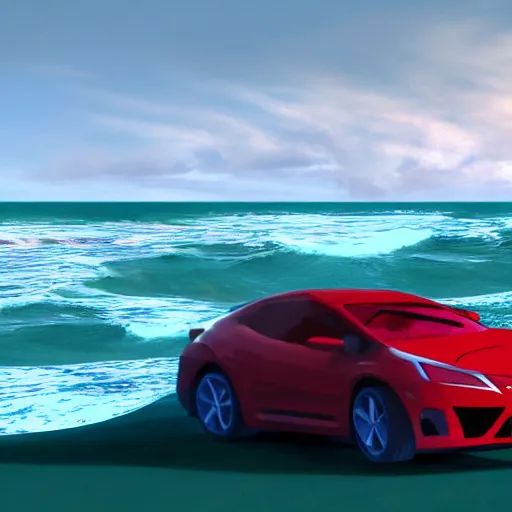 Image similar to red elephant car driving on the Pacific ocean, highly detailed, 8k, bordering on artstation,