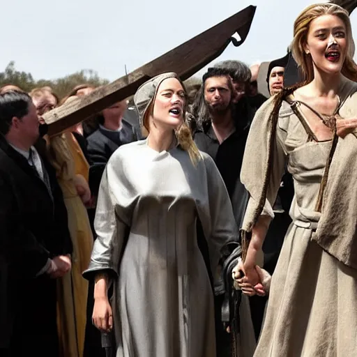 Prompt: Amber Heard as Joan of Arc being led to the gallows, she is wearing prison rags, she is laughing, the crowd is cheering