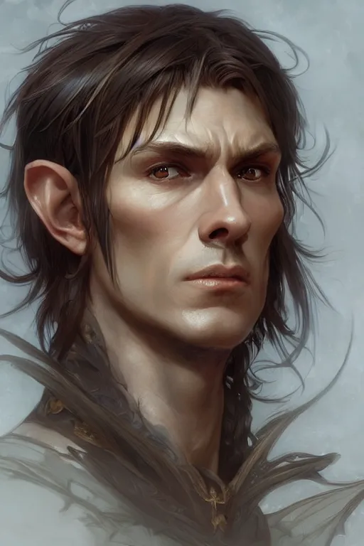 Image similar to up close portrait of a male wood elf, d & d, face, fantasy, intricate, elegant, highly detailed, digital painting, artstation, concept art, smooth, sharp focus, illustration, art by artgerm and greg rutkowski and alphonse mucha
