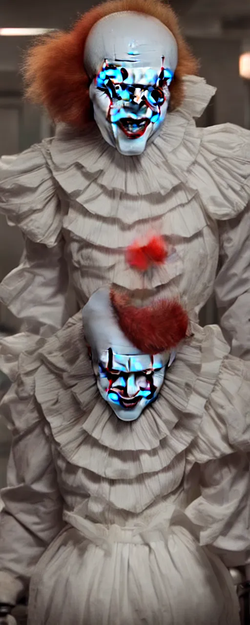 Image similar to a photograph of pennywise dressed as a doctor in a hospital, hyperdetailed, intricate, dramatic, horror movie, movie still, 4 k realistic, volumetric lighting, sharp focus