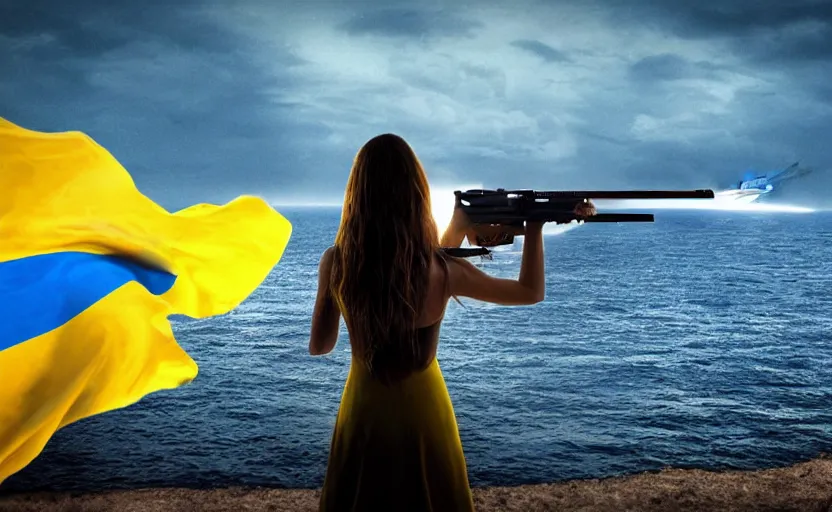 Prompt: perfect shot from behind of a beautiful girl in national blue and yellow dress with beautiful hair holding two guns in both her hands. Her hands are down. She is standing on a shore and facing a huge realistic detailed Russian warship on the horizon moving towards her. Ukrainian flag on the left side, concept art, сinematic lighting, insanely detailed, smooth, sharp focus, Artstation, 8k, unreal engine, hyper-realistic, bright background, moonlight, volumetric lighting, octane render, digital illustration by Ruan Jia and Mandy Jurgens and Artgerm and Wayne Barlowe and Greg Rutkowski and Zdislav Beksinski