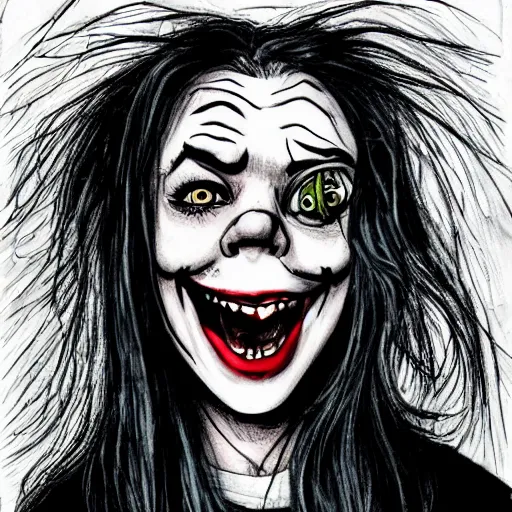 Image similar to grunge drawing of a happy billie eilish in the style of loony toons | horror themed | pennywise style