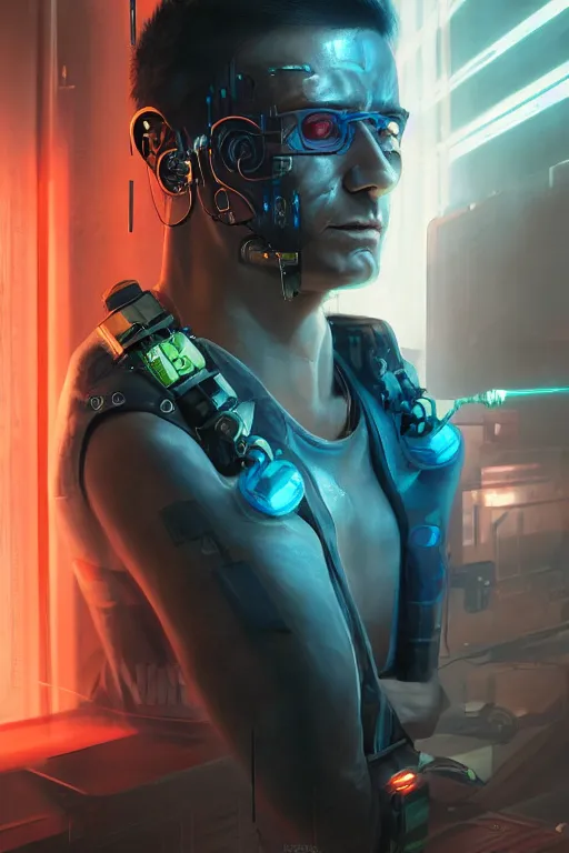Prompt: illustration of an male cyberpunk character wearing bionic implants, criminal mugshot, highly detailed, oil on canvas, soft lighting, neon pastel colors, by WLOP and Greg Staples, HD, 4K