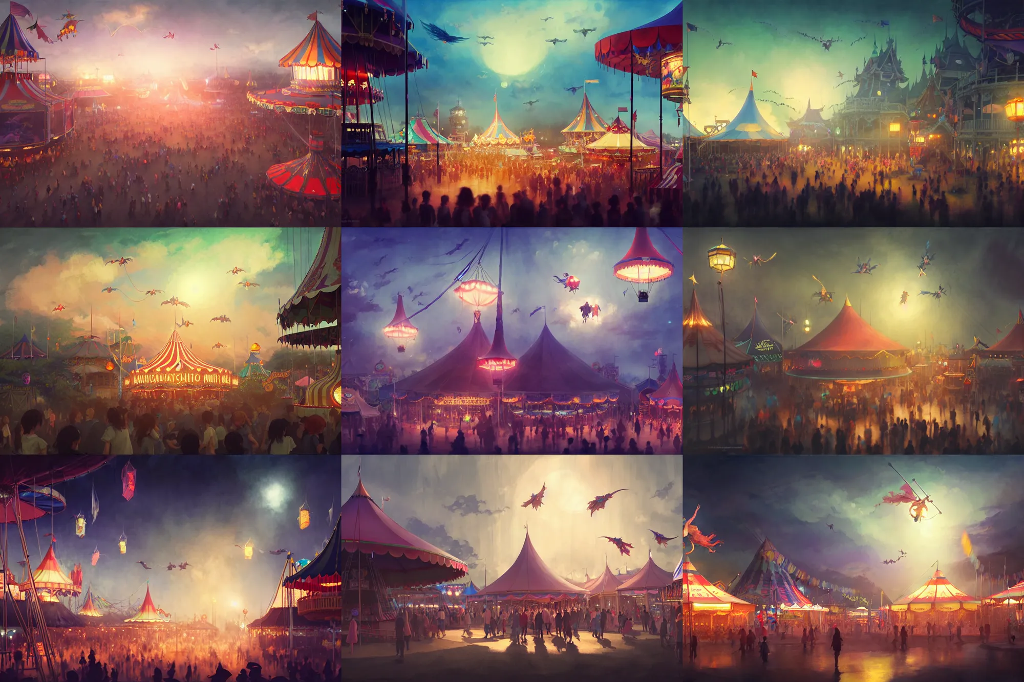 Prompt: young witches flying above a carnival, witchlight carnival amusement park, big top circus tent, night time, rim light, studio ghibli style, high octane filter, 8 k, highly detailed, digital painting, concept art, matte, art by ruan jia and wlop and greg rutkowski and makoto shinkai, masterpiece