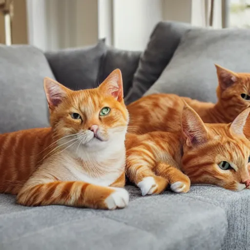 Image similar to three orange tabby cats and two grey tabby cats relaxing in the sunshine in a living room