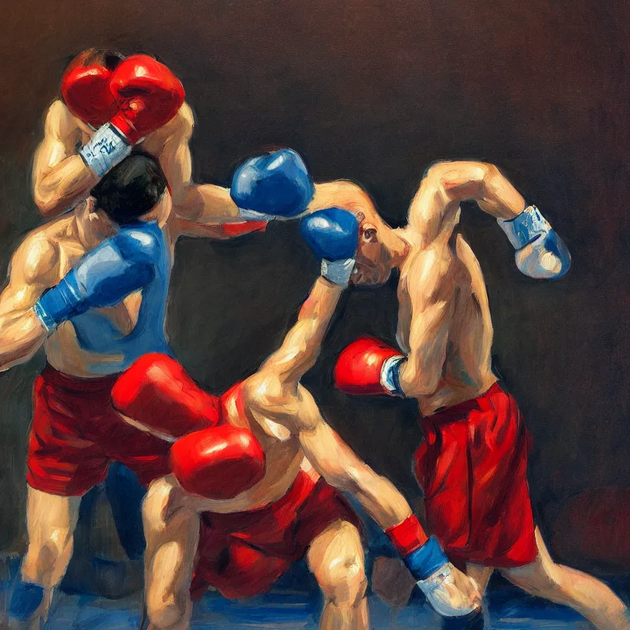 Image similar to a portrait of of boxing man, in the style of edward hopper, in the style of max ginsburg, realism, very small brushstrokes, cinematic lighting, moody, very aesthetic, boxing in an arena, big crowd in the back, flashing lights, blue light, 4 k,