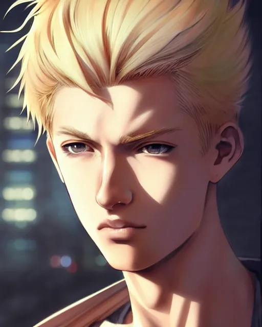 Image similar to portrait Anime Blonde Guy Short Hair Sharp fine face, pretty face, realistic shaded Perfect face, fine details. Anime. cyberpunk realistic shaded lighting by katsuhiro otomo ghost-in-the-shell, magali villeneuve, artgerm, rutkowski Jeremy Lipkin and Giuseppe Dangelico Pino and Michael Garmash and Rob Rey