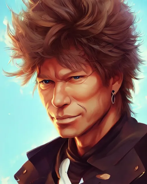 Image similar to anime portrait of Jon Bon Jovi as an anime man by Stanley Artgerm Lau, WLOP, Rossdraws, James Jean, Andrei Riabovitchev, Marc Simonetti, and Sakimichan, trending on artstation