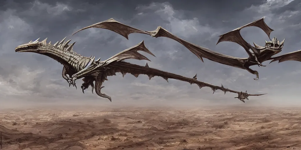 Prompt: giger wyvern flying over desert city, in style of federico pelat greg rutkowski