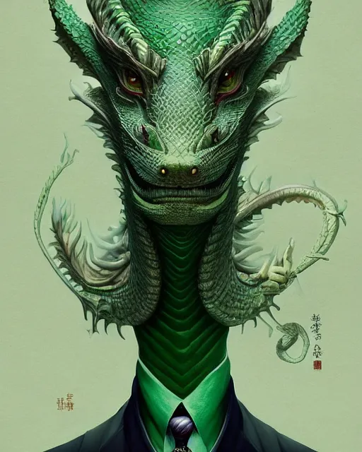 Image similar to anthropomorphic art of a businessman dragon, green dragon, portrait, victorian inspired clothing by artgerm, victo ngai, ryohei hase, artstation. fractal papers and books. highly detailed digital painting, smooth, global illumination, fantasy art by greg rutkowsky, karl spitzweg