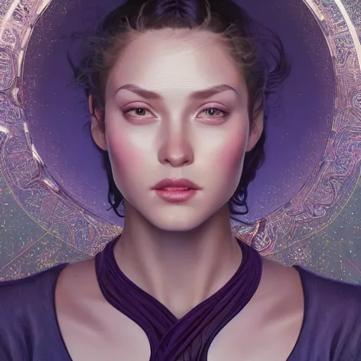 Image similar to Portrait of very very very very very very beautiful non-white woman, spacesuit, purple eyes, intricate, elegant, highly detailed, digital painting, artstation, concept art, smooth, sharp focus, illustration, art by artgerm and greg rutkowski and alphonse mucha