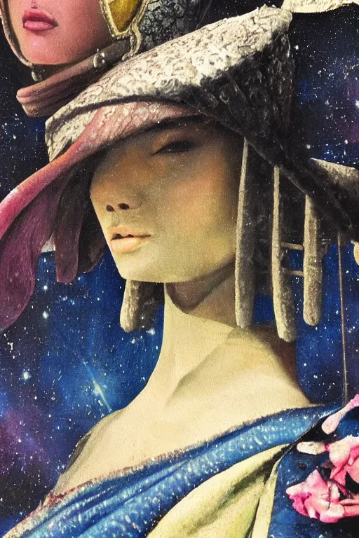 Image similar to hyperrealism oil painting, close - up portrait of medieval fashion model, knight, steel gradient mixed with nebula sky, in style of baroque mixed with 7 0 s japan book art