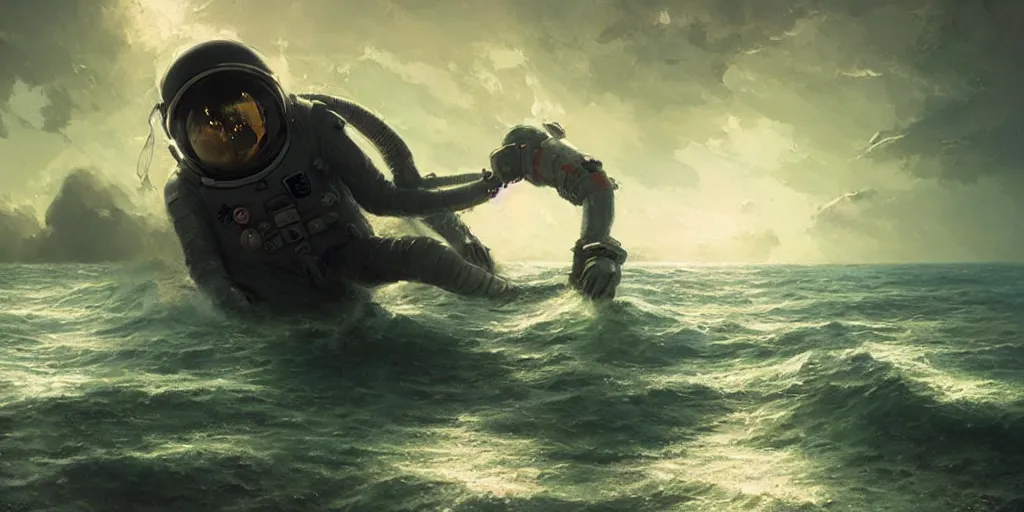 Image similar to an astronaut waist deep in the ocean,digital art,detailed,ultra realistic,art by greg rutkowski