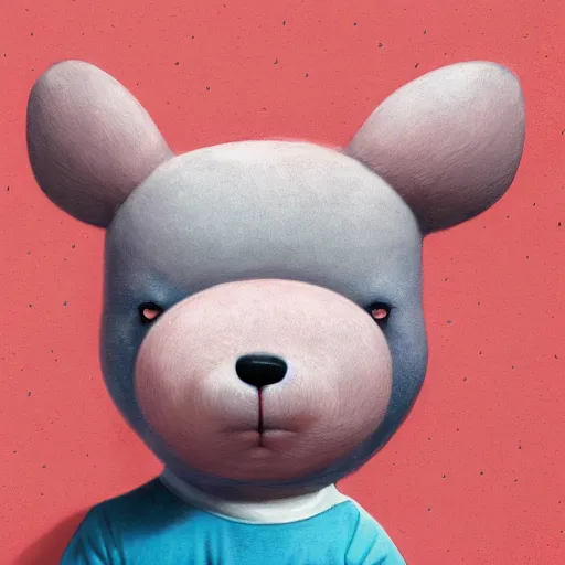 Image similar to detailed rendering of a pink chubby stuffed animal with dark blue shirt, gray triangle in face, by esao andrews, by james jean, humorous illustration, hyperrealistic, big depth of field, brilliant colors, 3 d octane render, 4 k, conceptart, hyperdetailed, trending on artstation