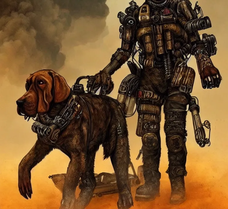 Image similar to a good ol'bloodhound pup fursona ( from the furry fandom ), heavily armed and armored facing down armageddon in a dark and gritty version from the makers of mad max : fury road. witness me.