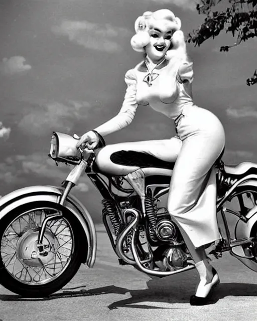 Image similar to cybernetic princess peach riding a motorcycle, 1 9 5 0 s pinup, retro futurism