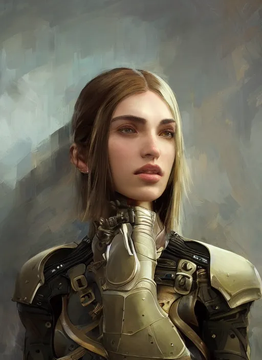 Image similar to a professional painting of a beautiful young female, clothed in military armor, olive skin, long dark hair, beautiful bone structure, symmetrical facial features, intricate, elegant, digital painting, concept art, smooth, sharp focus, illustration, from Metal Gear, by Ruan Jia and Mandy Jurgens and Artgerm and William-Adolphe Bouguerea